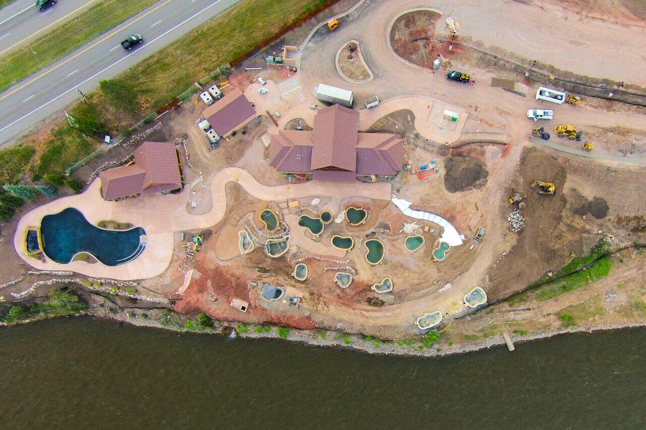 Aerial view of Iron Mountain Hot Springs during construction