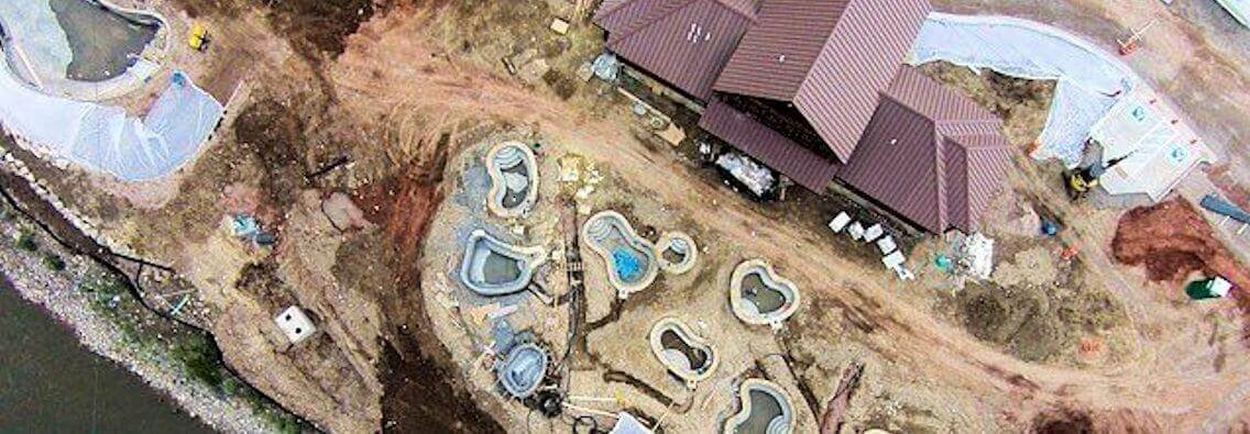 Progress Continues - Aerial view of Iron Mountain Hot Springs during construction