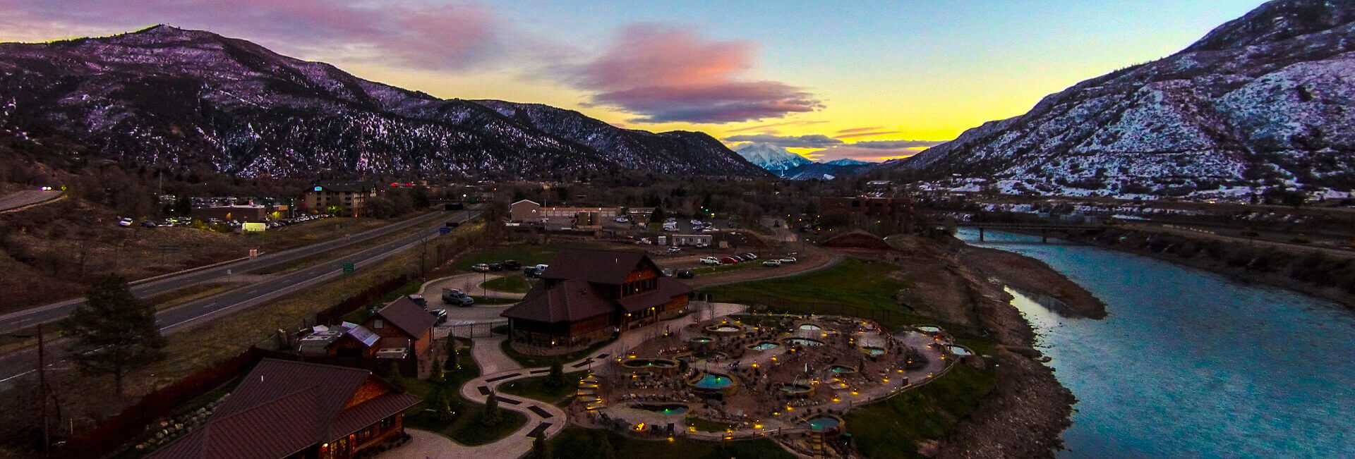 Aerial view of Iron Mountain Hot Springs at sunset
